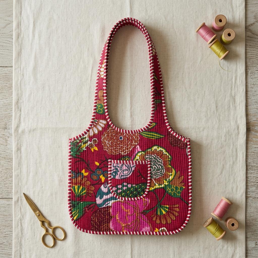 Floral Quilted Shoulder Bag, Handcrafted Cotton Tote, Vibrant Red Kantha Stitch Shopping Purse