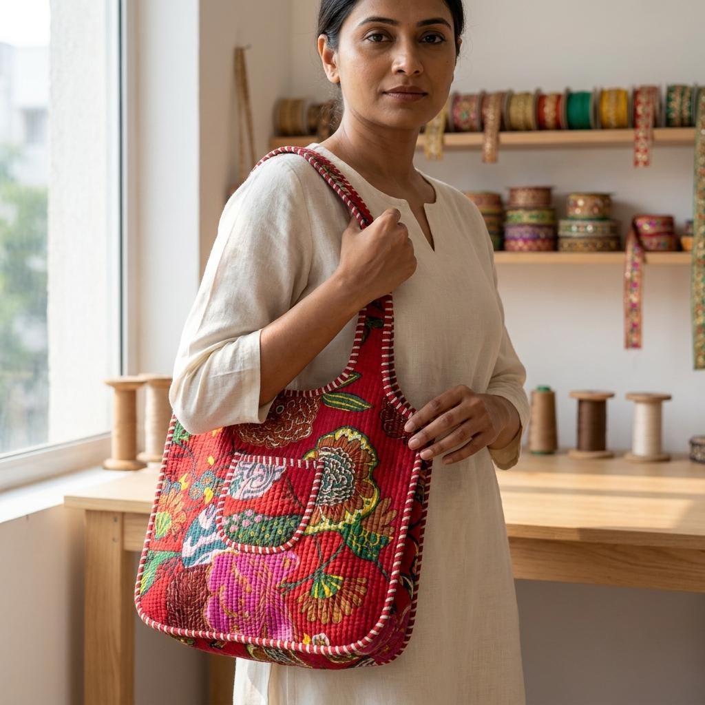 Floral Quilted Shoulder Bag, Handcrafted Cotton Tote, Vibrant Red Kantha Stitch Shopping Purse