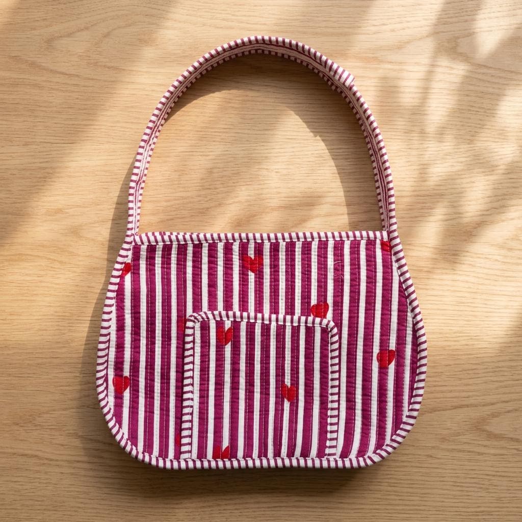 Quilted Striped Cotton Shoulder Bag Red Heart Pattern Handmade Makeup Tote Gift For Her