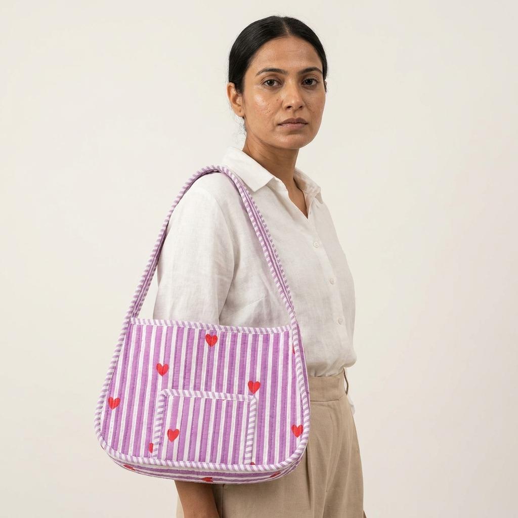 Quilted Purple Striped Cotton Shoulder Bag Red Heart Pattern Handmade Makeup Tote Gift