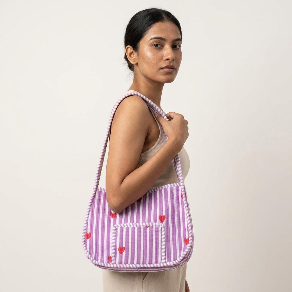 Quilted Purple Striped Cotton Shoulder Bag Red Heart Pattern Handmade Makeup Tote Gift