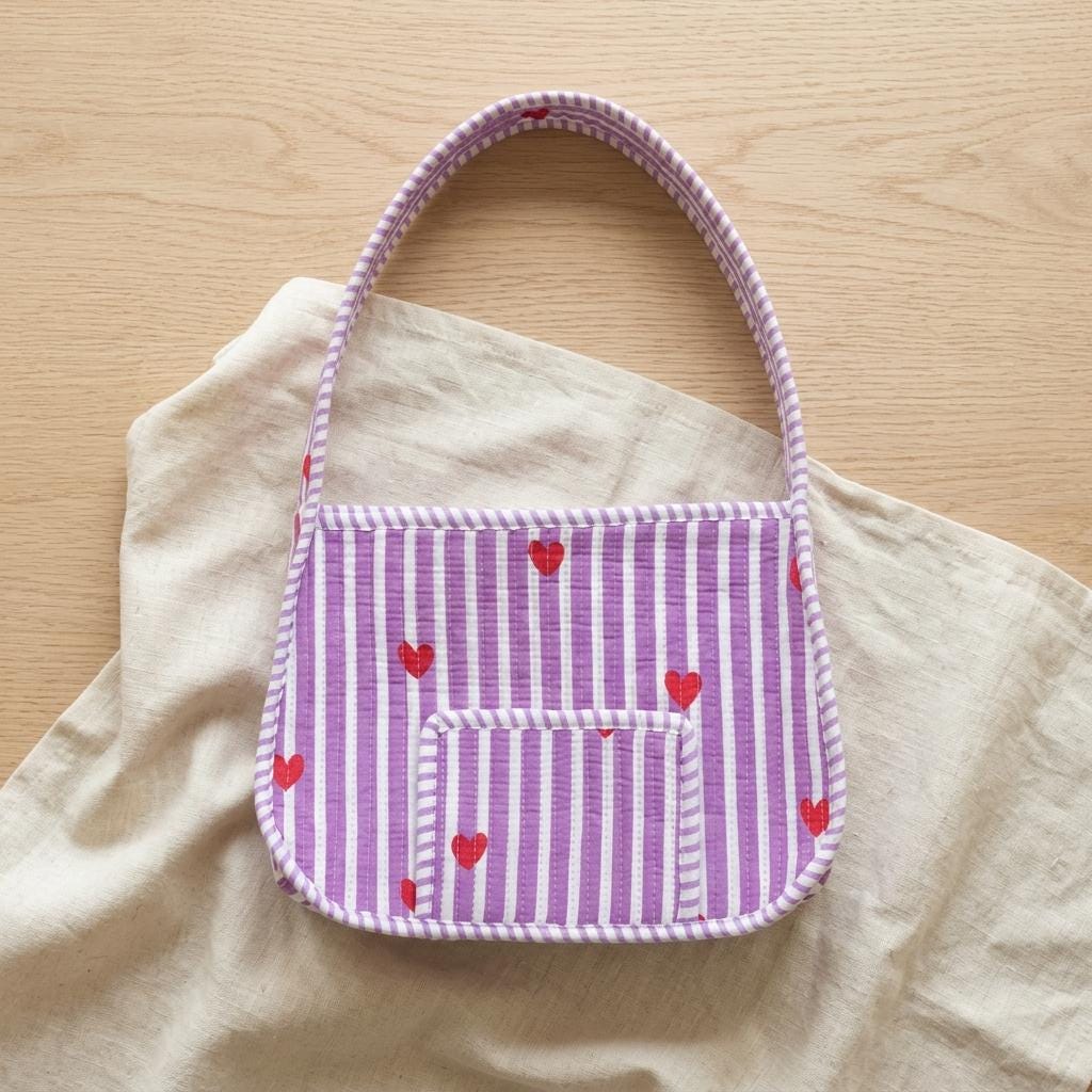 Quilted Purple Striped Cotton Shoulder Bag Red Heart Pattern Handmade Makeup Tote Gift