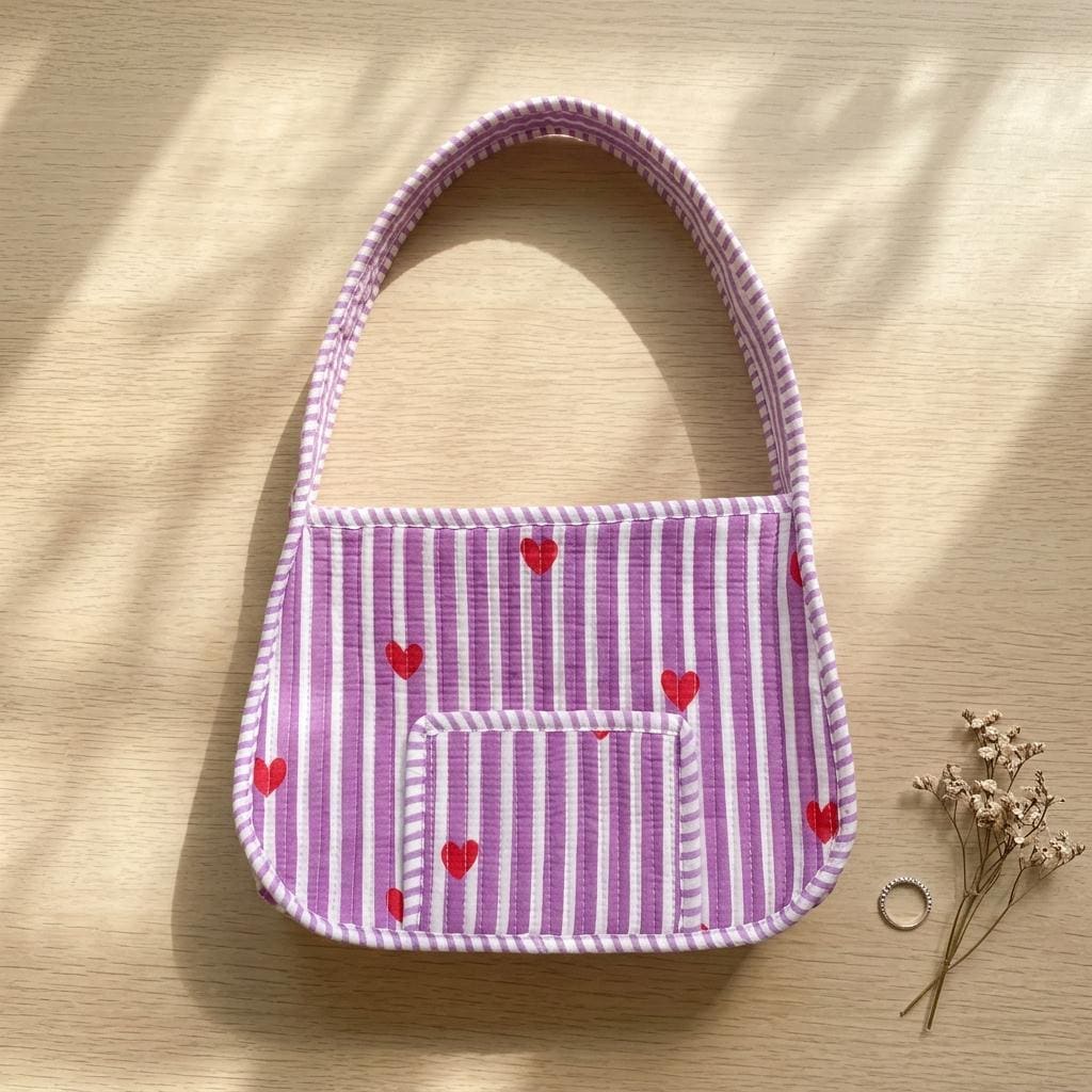 Quilted Purple Striped Cotton Shoulder Bag Red Heart Pattern Handmade Makeup Tote Gift