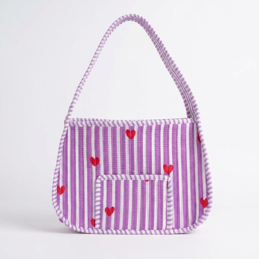 Quilted Purple Striped Cotton Shoulder Bag Red Heart Pattern Handmade Makeup Tote Gift