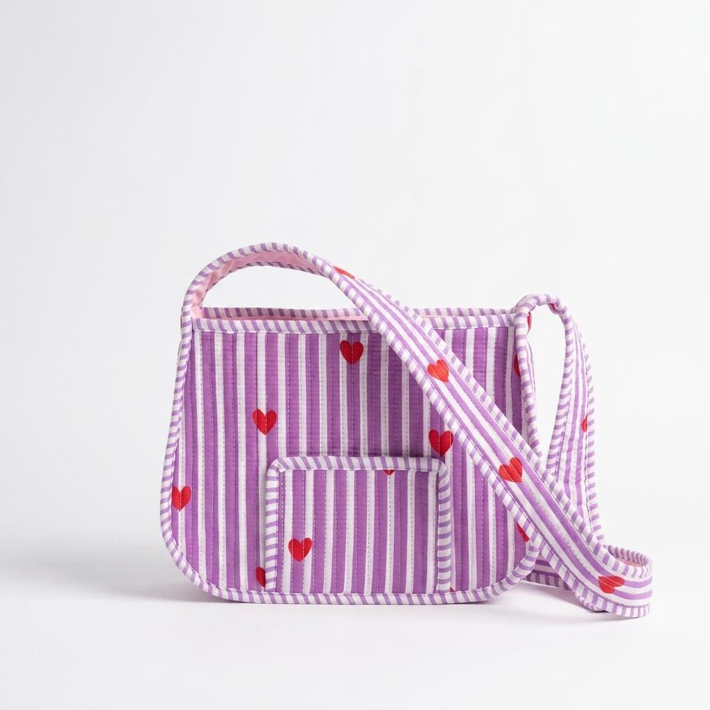 Quilted Purple Striped Cotton Shoulder Bag Red Heart Pattern Handmade Makeup Tote Gift