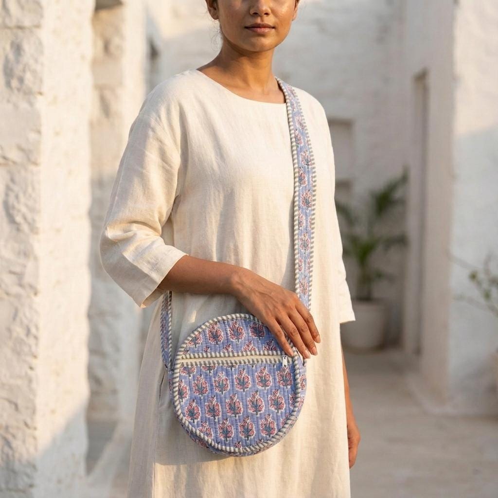 Quilted Blue Floral Cotton Crossbody Bag Round Circle Shoulder Purse Hand Block Print Gift