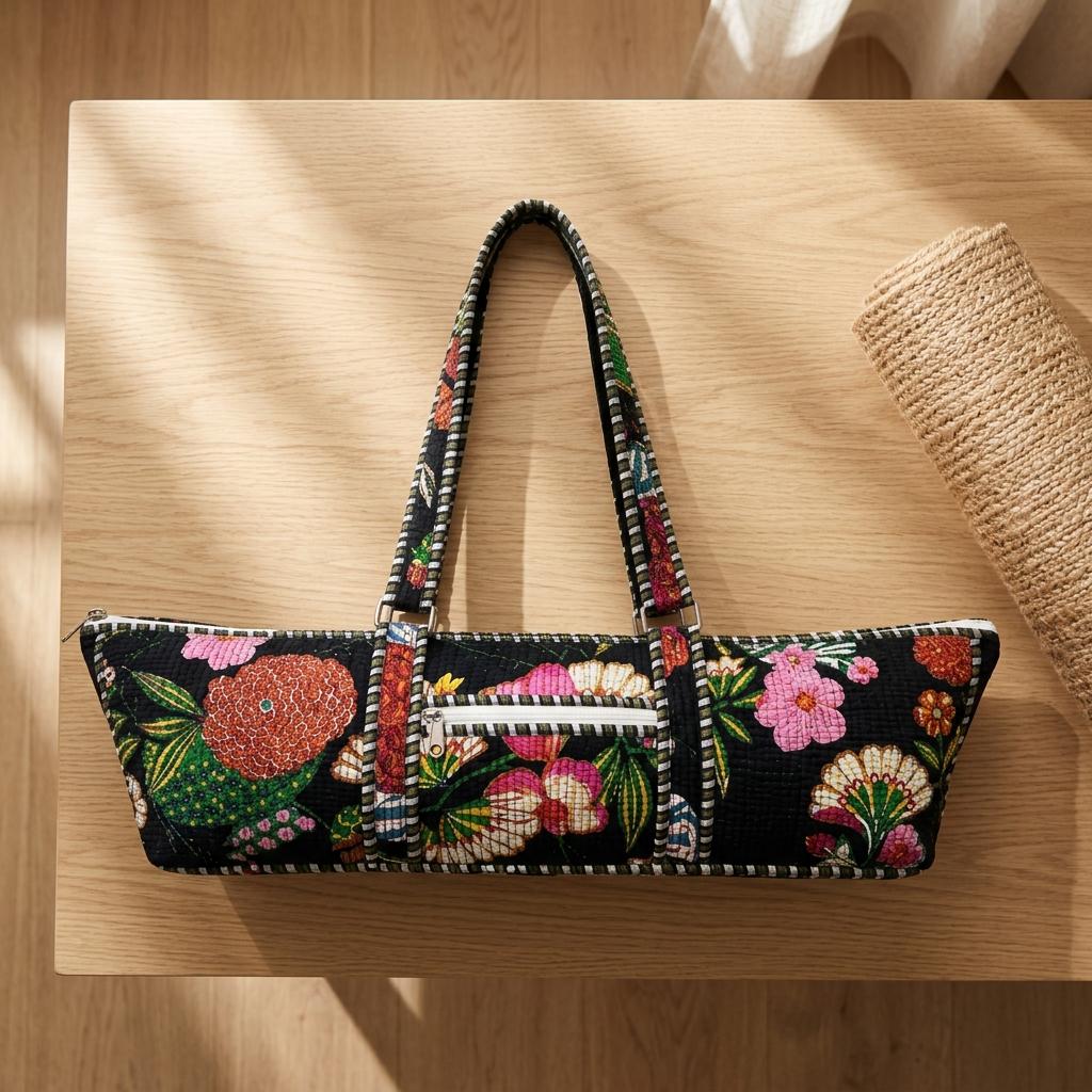 Quilted Black Floral Cotton Yoga Mat Bag Handmade Pilates Carrier Tote Gift For Her