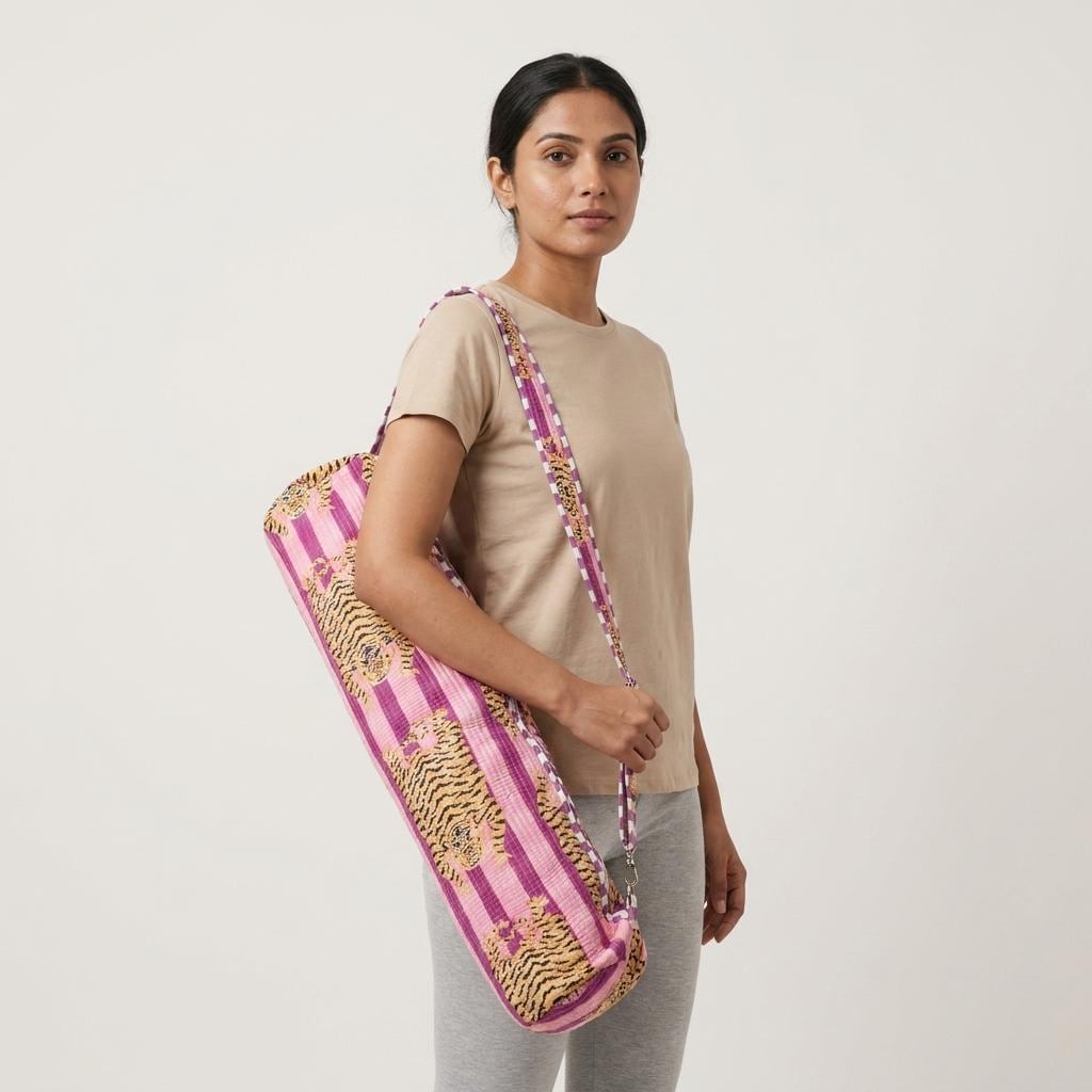 Purple Tiger Print Yoga Mat Bag, Quilted Cotton Gym Carrier, Handcrafted Pilates Tote