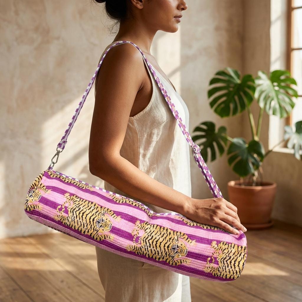 Purple Tiger Print Yoga Mat Bag, Quilted Cotton Gym Carrier, Handcrafted Pilates Tote