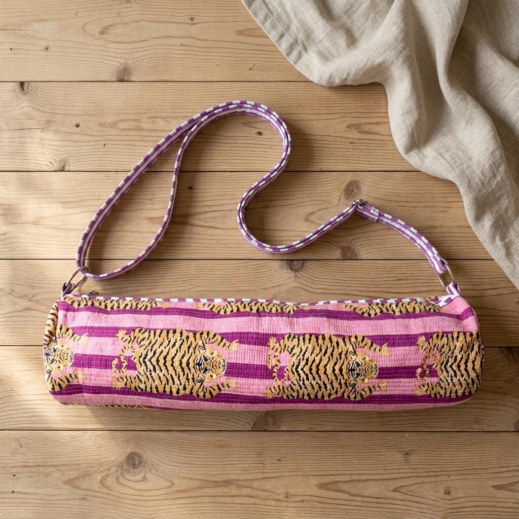 Purple Tiger Print Yoga Mat Bag, Quilted Cotton Gym Carrier, Handcrafted Pilates Tote