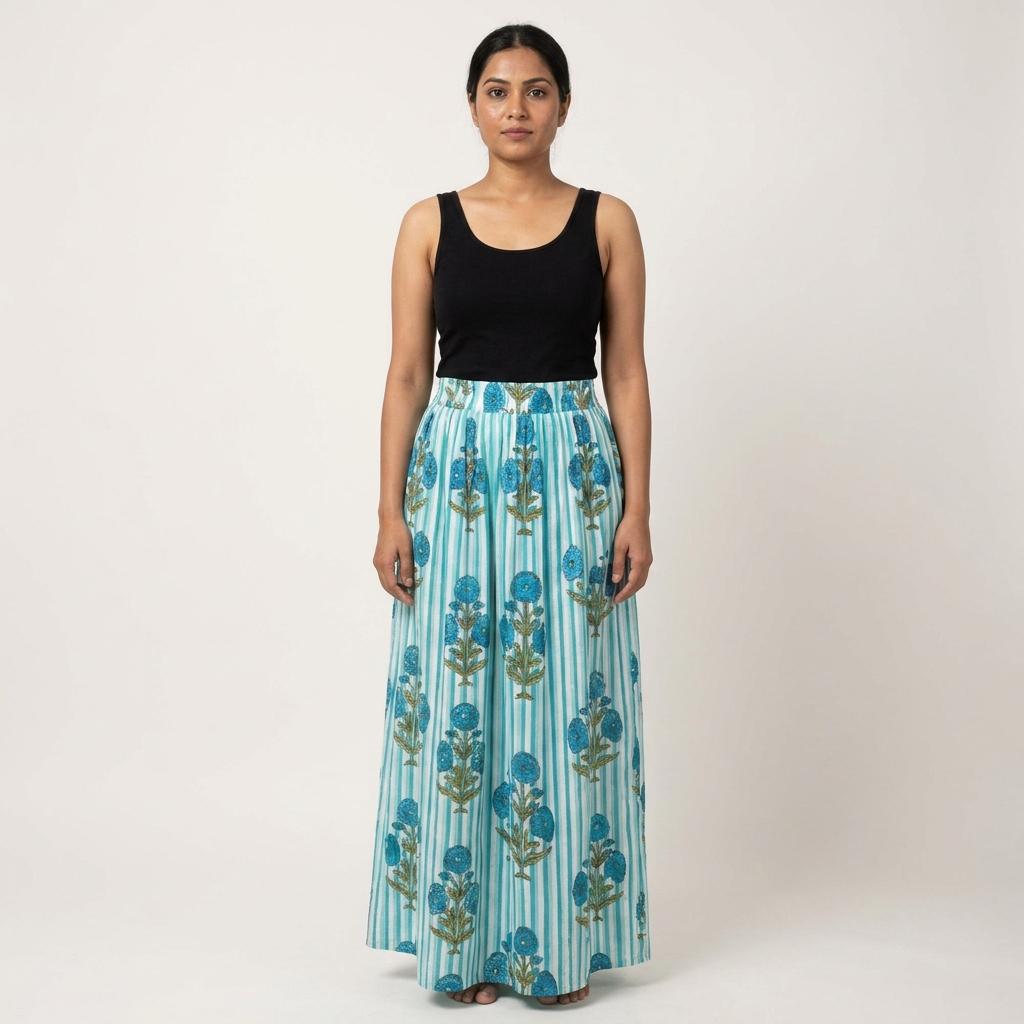 Blue Floral Block Print Cotton Skirt, Handcrafted Striped Midi Dress, Boho Summer Maxi Skirts
