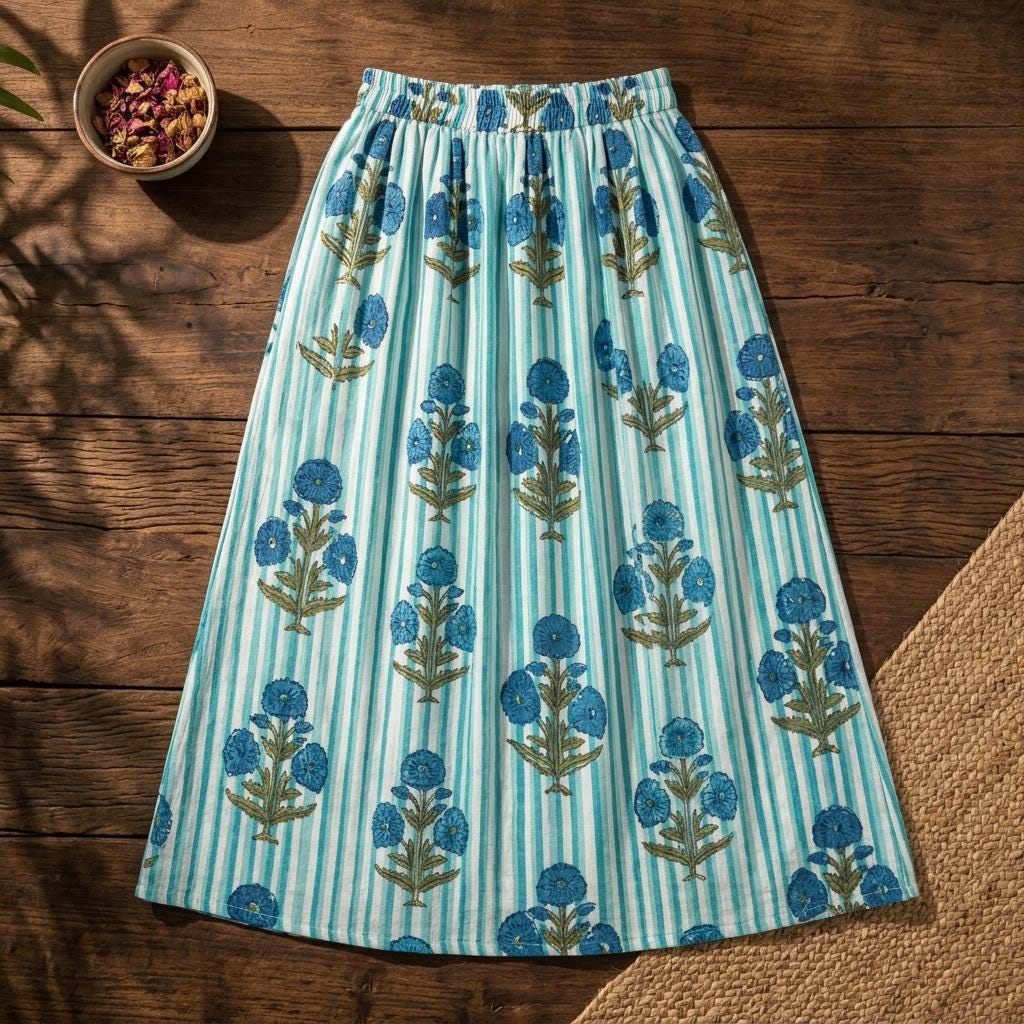 Blue Floral Block Print Cotton Skirt, Handcrafted Striped Midi Dress, Boho Summer Maxi Skirts