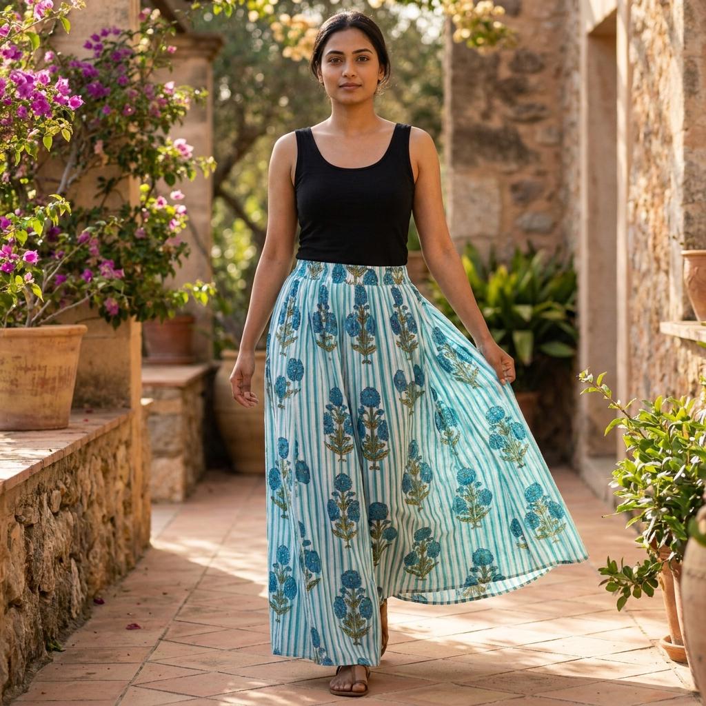 Blue Floral Block Print Cotton Skirt, Handcrafted Striped Midi Dress, Boho Summer Maxi Skirts