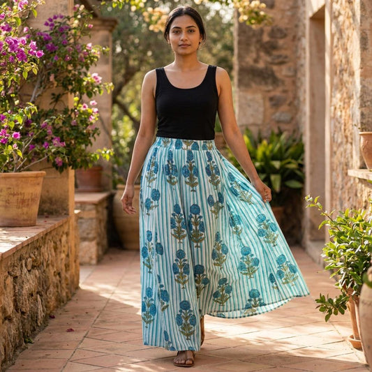 Blue Floral Block Print Cotton Skirt, Handcrafted Striped Midi Dress, Boho Summer Maxi Skirts