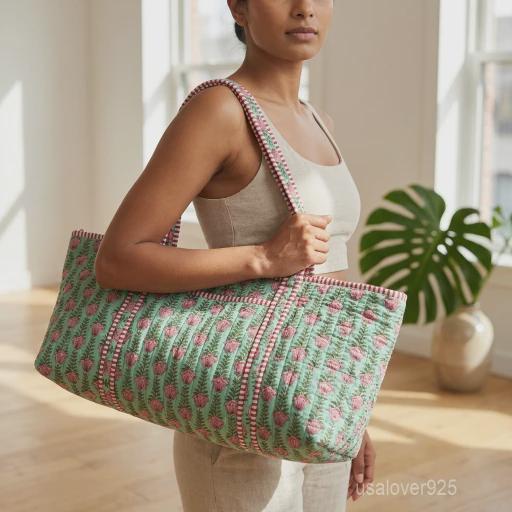 Green Floral Quilted Yoga Mat Bag, Handcrafted Cotton Travel Duffle, Large Pilates Carrier