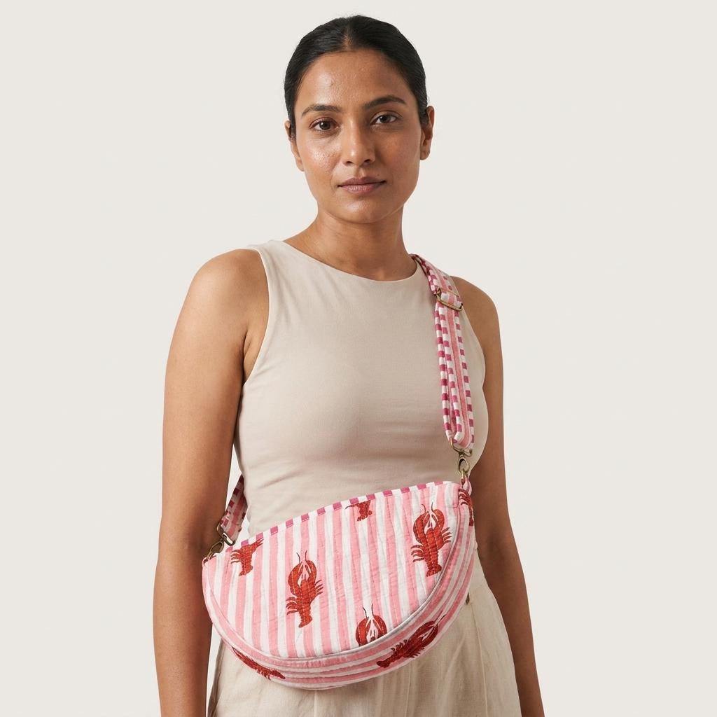 Lobster Print Quilted Crossbody Bag, Handcrafted Cotton Fanny Pack, Pink Striped Crescent Purse