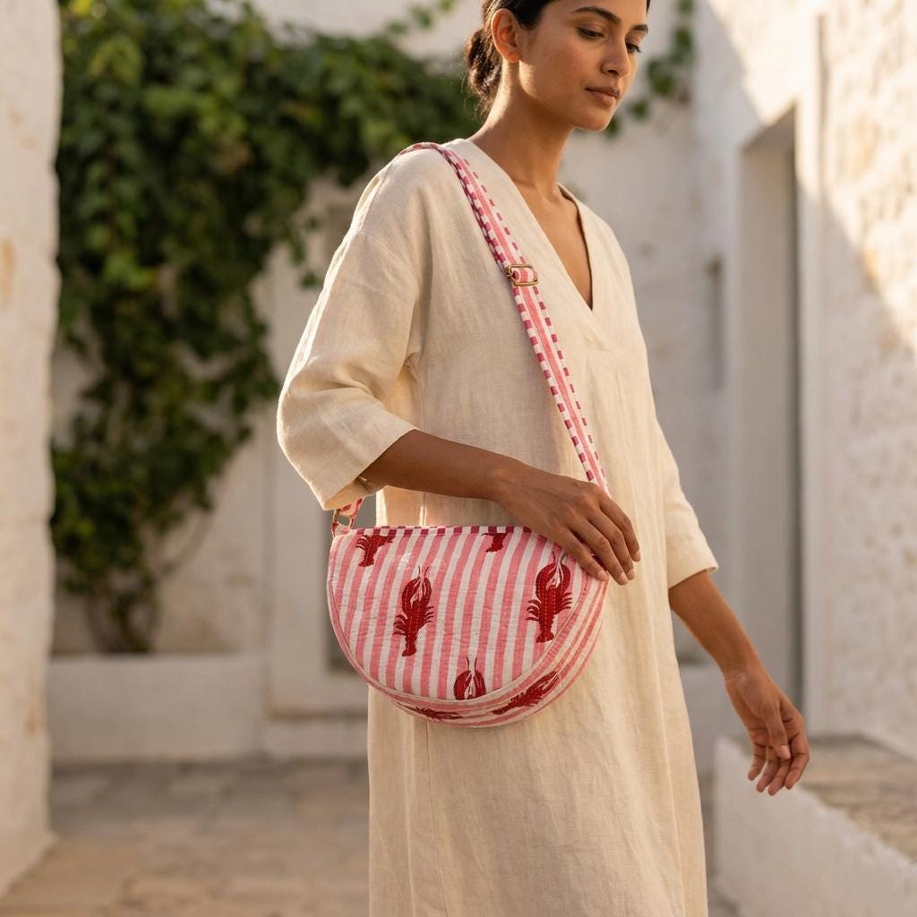 Lobster Print Quilted Crossbody Bag, Handcrafted Cotton Fanny Pack, Pink Striped Crescent Purse