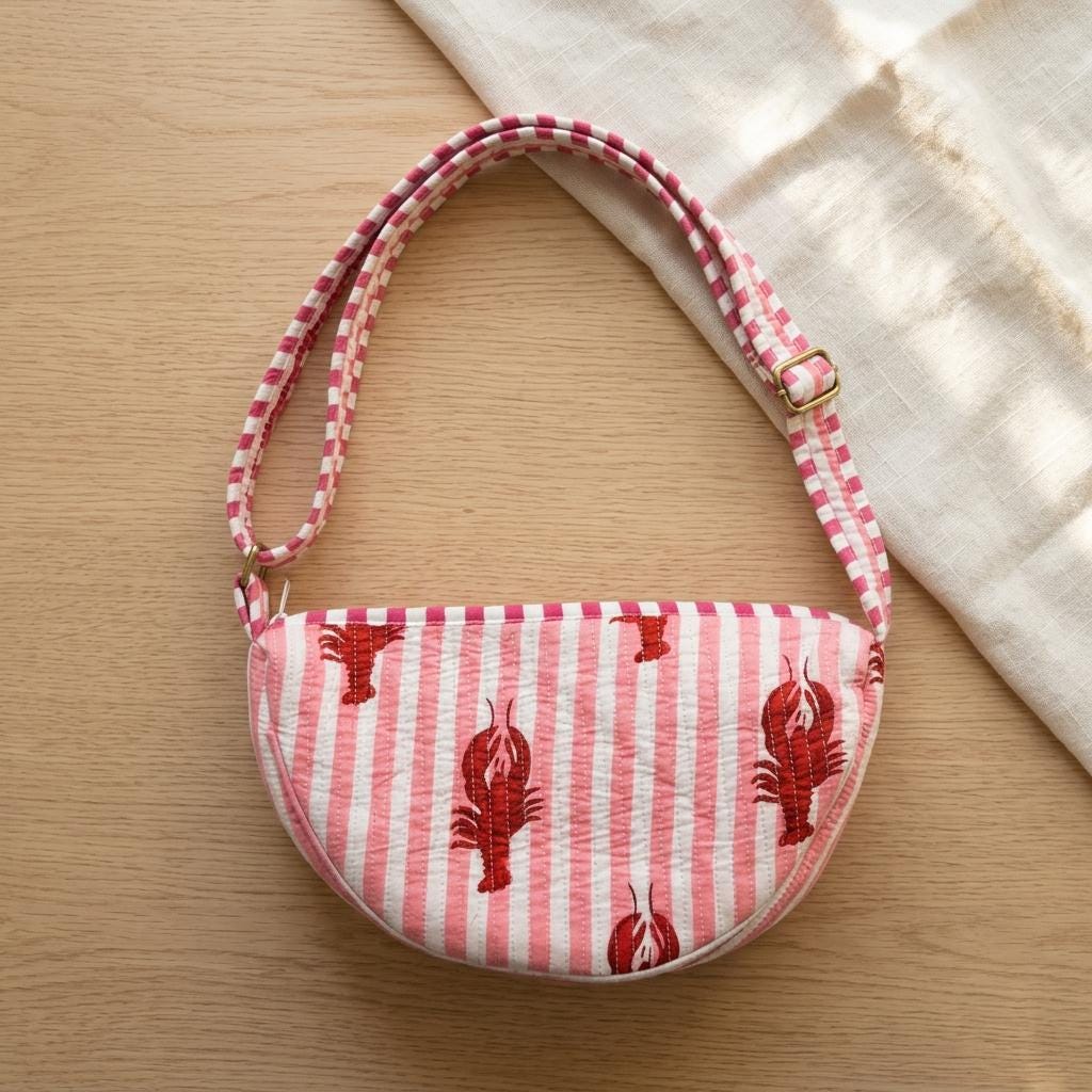 Lobster Print Quilted Crossbody Bag, Handcrafted Cotton Fanny Pack, Pink Striped Crescent Purse