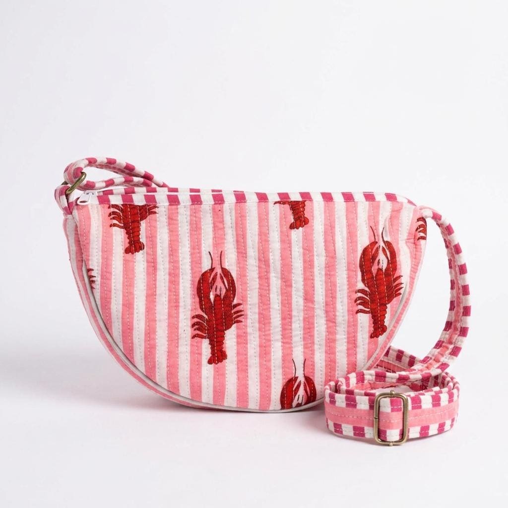 Lobster Print Quilted Crossbody Bag, Handcrafted Cotton Fanny Pack, Pink Striped Crescent Purse