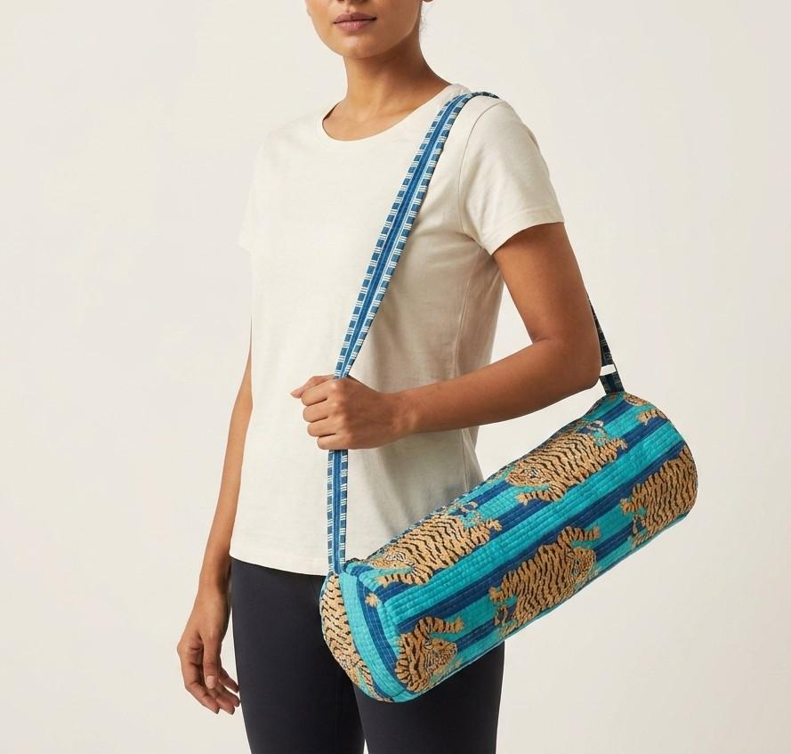 Blue Tiger Print Yoga Mat Bag, Quilted Cotton Gym Carrier, Handcrafted Pilates Tote