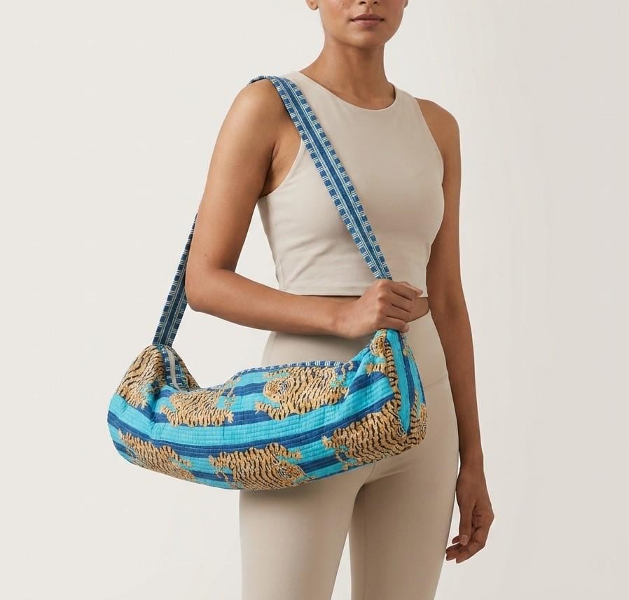 Blue Tiger Print Yoga Mat Bag, Quilted Cotton Gym Carrier, Handcrafted Pilates Tote
