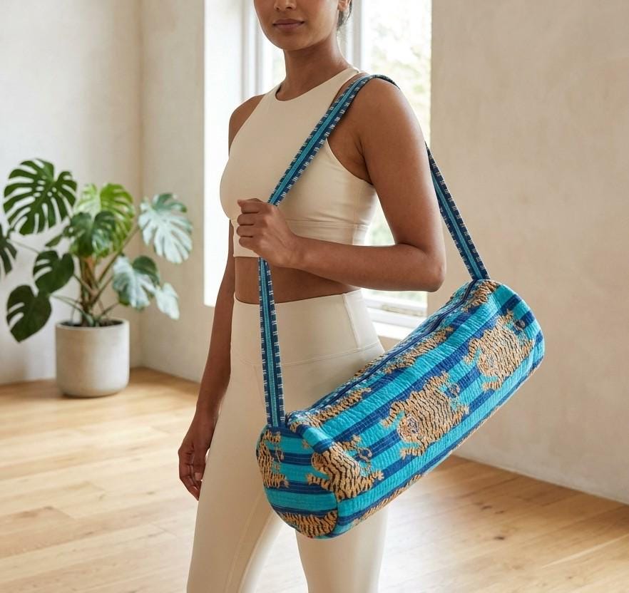 Blue Tiger Print Yoga Mat Bag, Quilted Cotton Gym Carrier, Handcrafted Pilates Tote