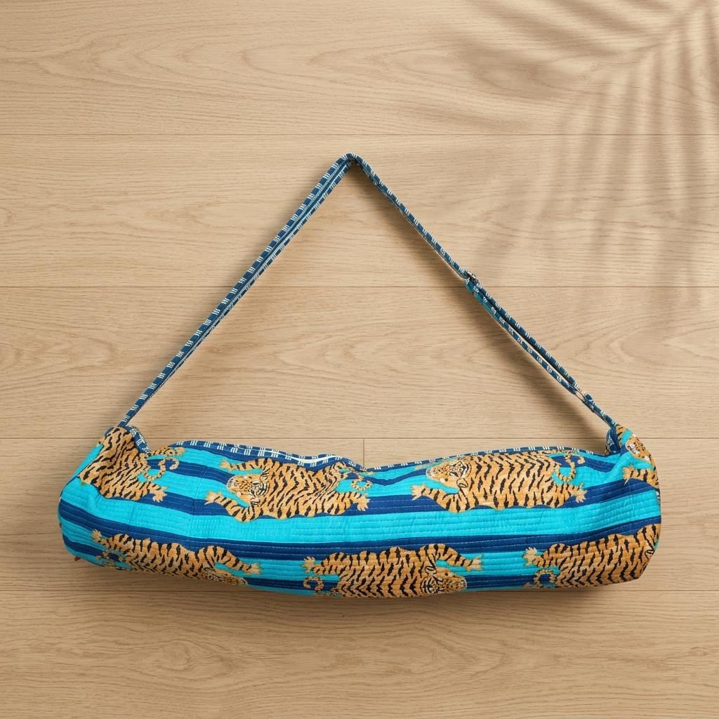 Blue Tiger Print Yoga Mat Bag, Quilted Cotton Gym Carrier, Handcrafted Pilates Tote