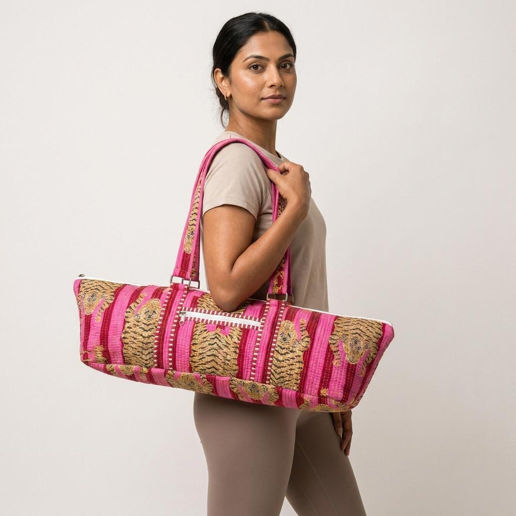 Quilted Pink Tiger Cotton Yoga Mat Bag Handmade Pilates Carrier Tote Gift For Her