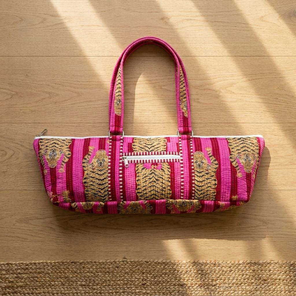 Quilted Pink Tiger Cotton Yoga Mat Bag Handmade Pilates Carrier Tote Gift For Her