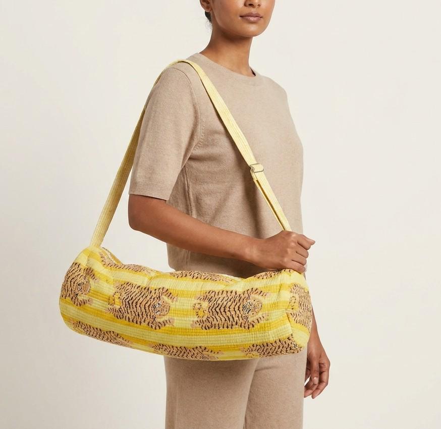 Yellow Tiger Print Yoga Mat Bag, Quilted Cotton Gym Carrier, Handcrafted Pilates Tote