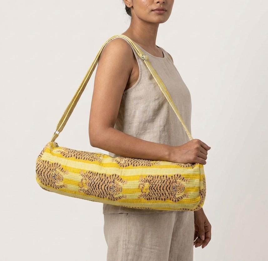 Yellow Tiger Print Yoga Mat Bag, Quilted Cotton Gym Carrier, Handcrafted Pilates Tote