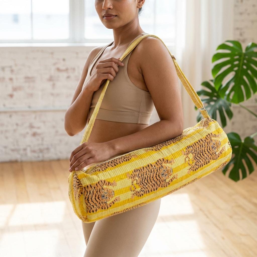Yellow Tiger Print Yoga Mat Bag, Quilted Cotton Gym Carrier, Handcrafted Pilates Tote
