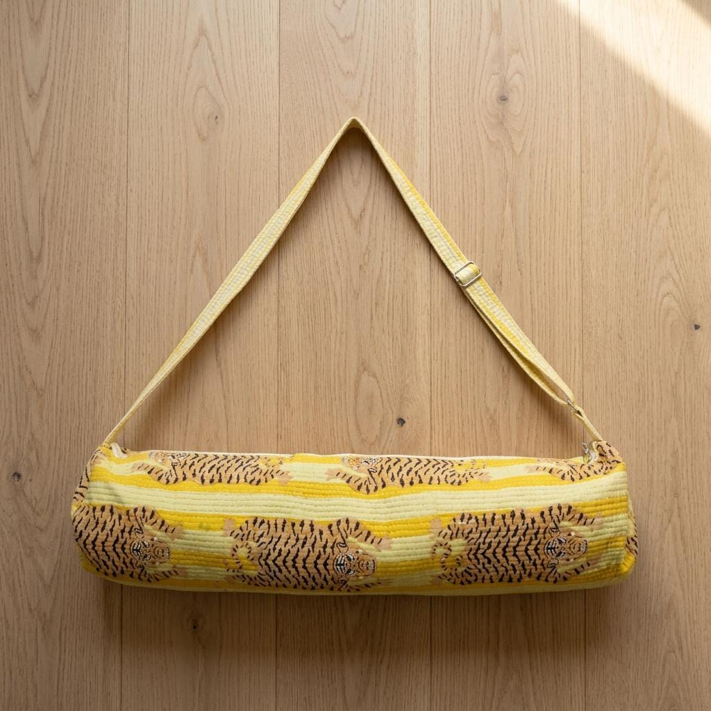 Yellow Tiger Print Yoga Mat Bag, Quilted Cotton Gym Carrier, Handcrafted Pilates Tote
