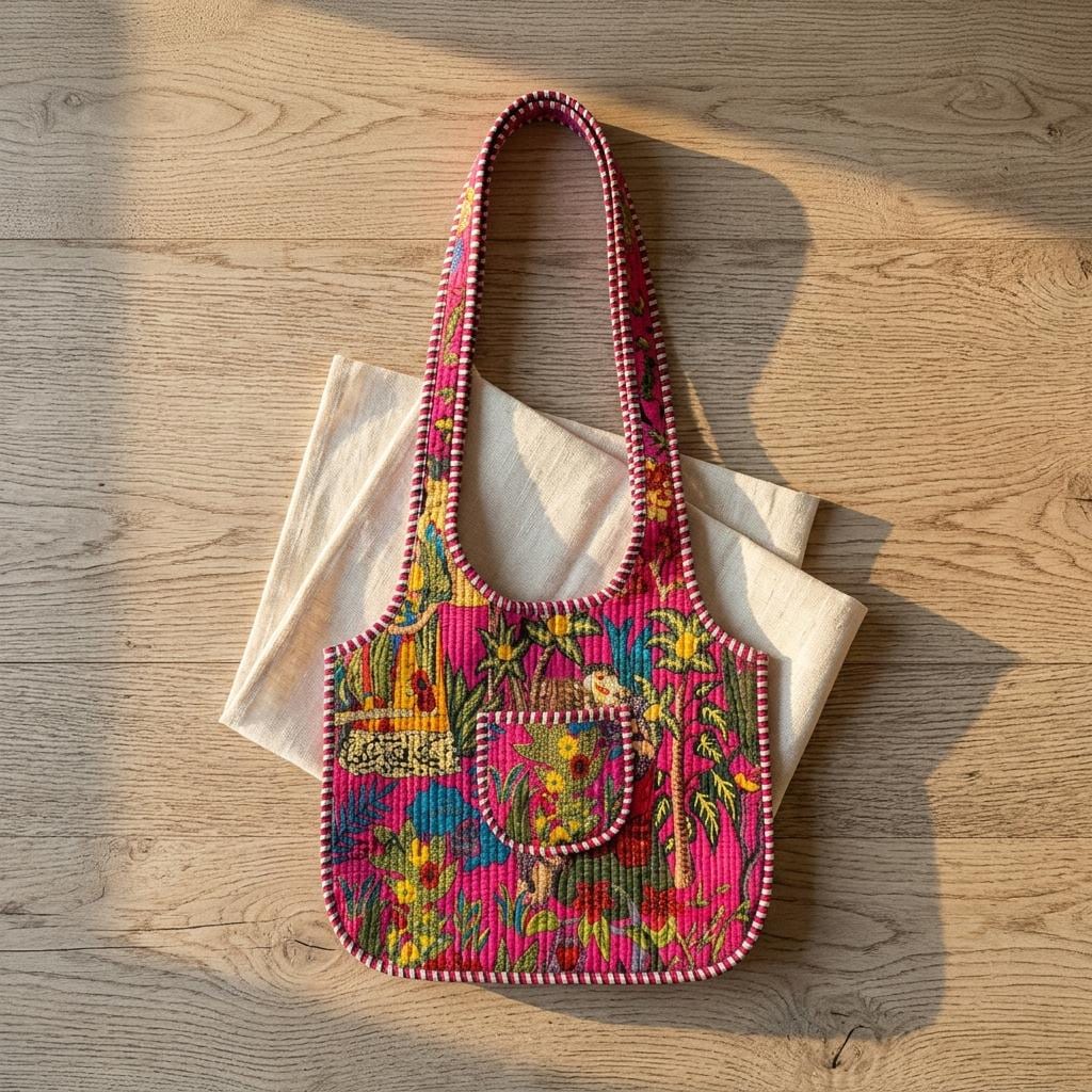 Quilted Pink Floral Cotton Tote Bag Handmade Shoulder Market Purse Gift For Her