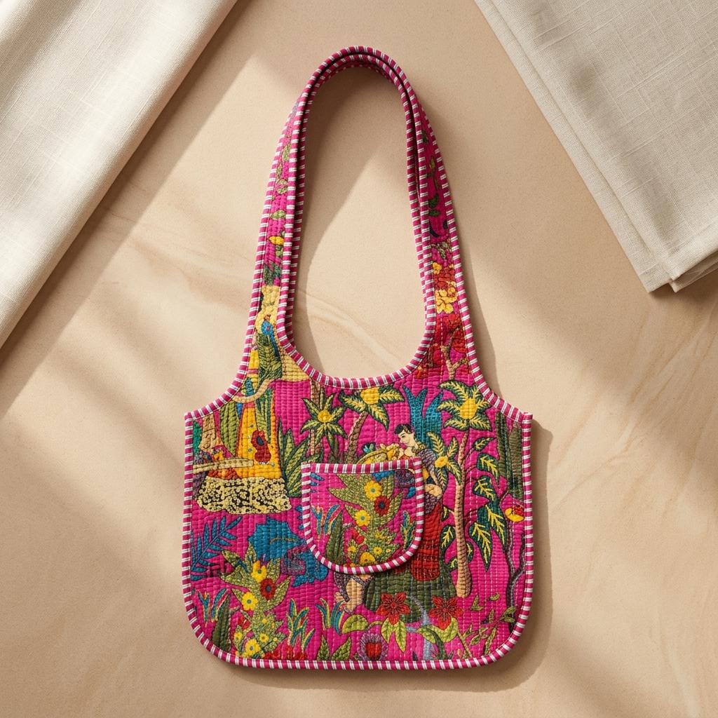 Quilted Pink Floral Cotton Tote Bag Handmade Shoulder Market Purse Gift For Her