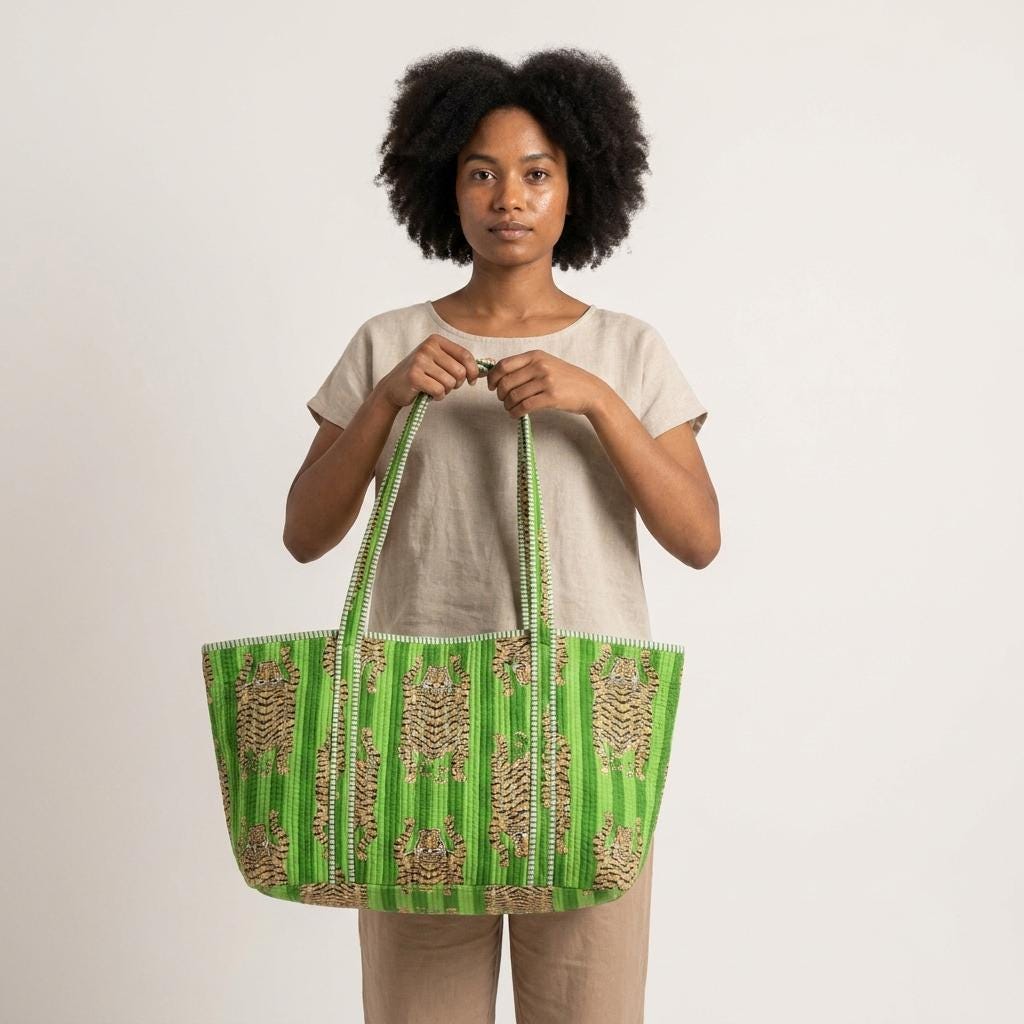 Quilted Green Tiger Cotton Yoga Tote Bag Handmade Shoulder Market Mat Carrier Gift
