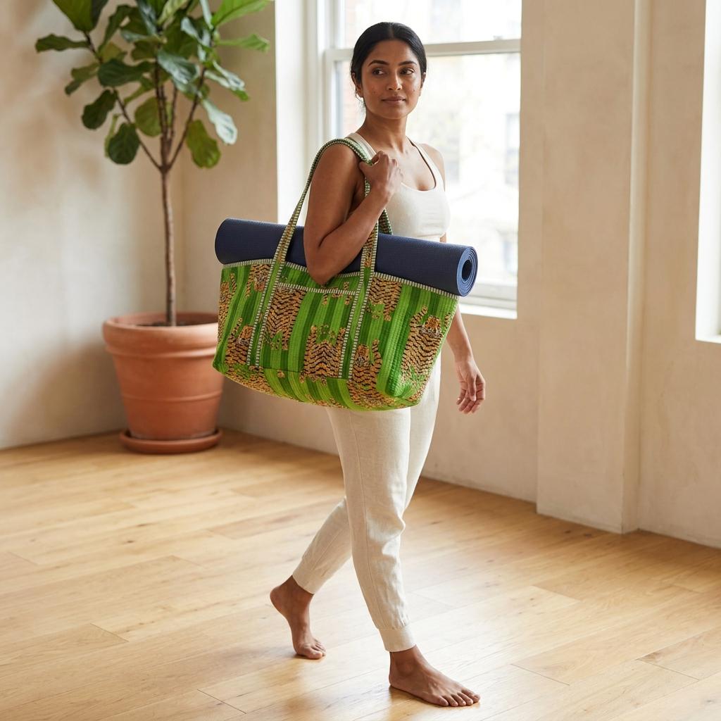 Quilted Green Tiger Cotton Yoga Tote Bag Handmade Shoulder Market Mat Carrier Gift