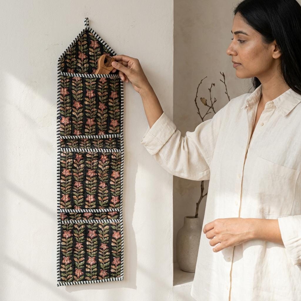 Floral Fabric Wall Hanging Organizer, Handcrafted Cotton Pocket Storage, Boho Mail Letter Holder