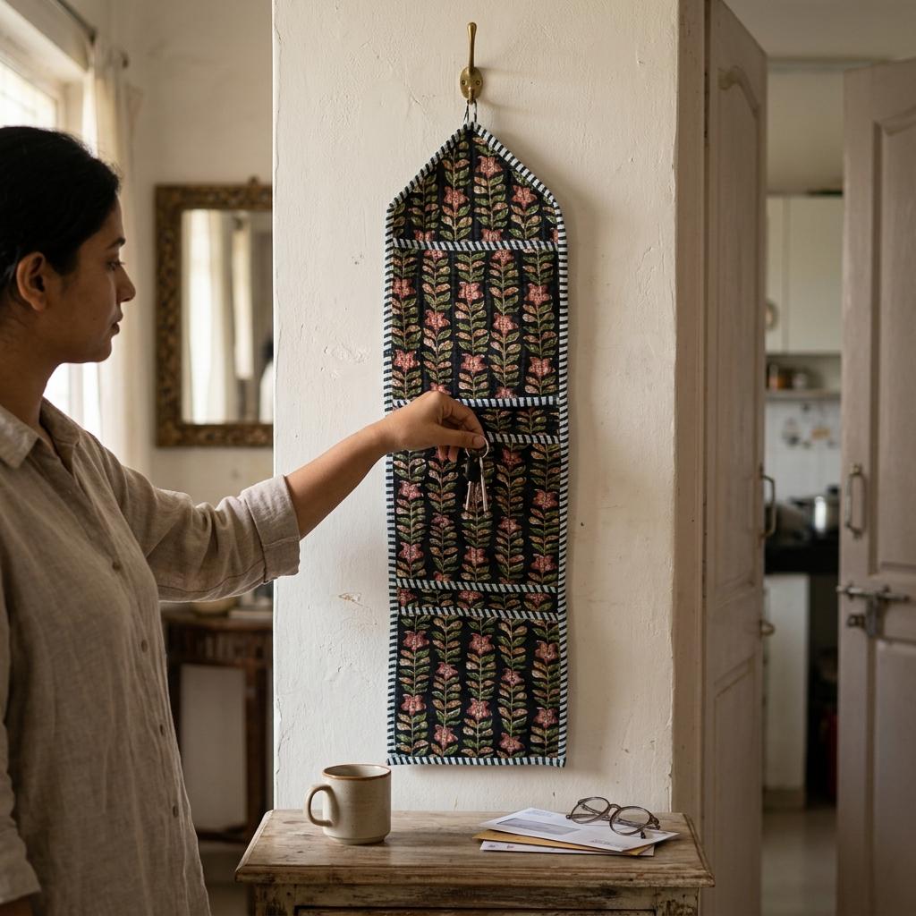 Floral Fabric Wall Hanging Organizer, Handcrafted Cotton Pocket Storage, Boho Mail Letter Holder