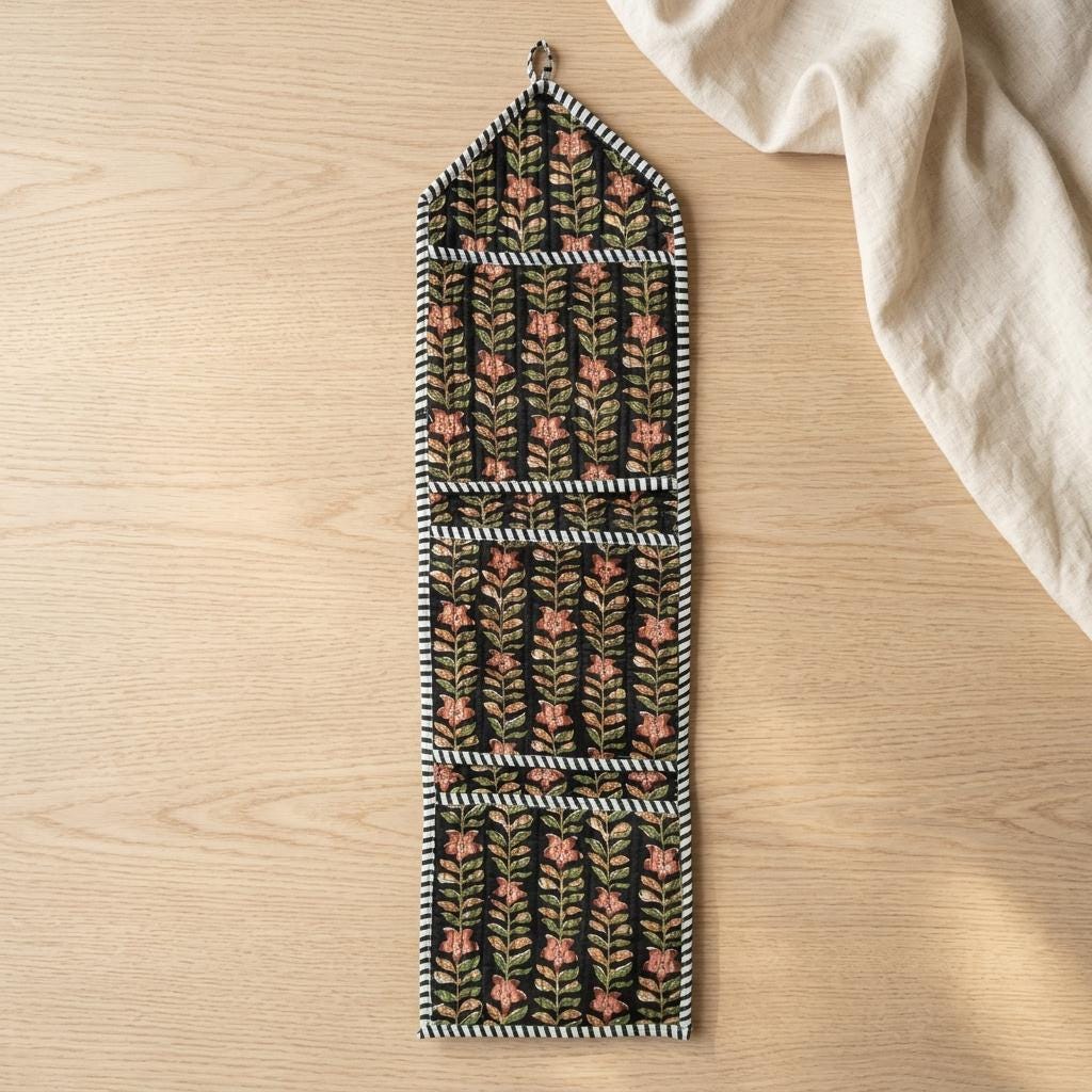 Floral Fabric Wall Hanging Organizer, Handcrafted Cotton Pocket Storage, Boho Mail Letter Holder