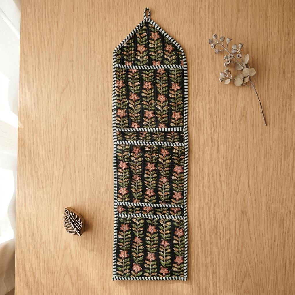 Floral Fabric Wall Hanging Organizer, Handcrafted Cotton Pocket Storage, Boho Mail Letter Holder
