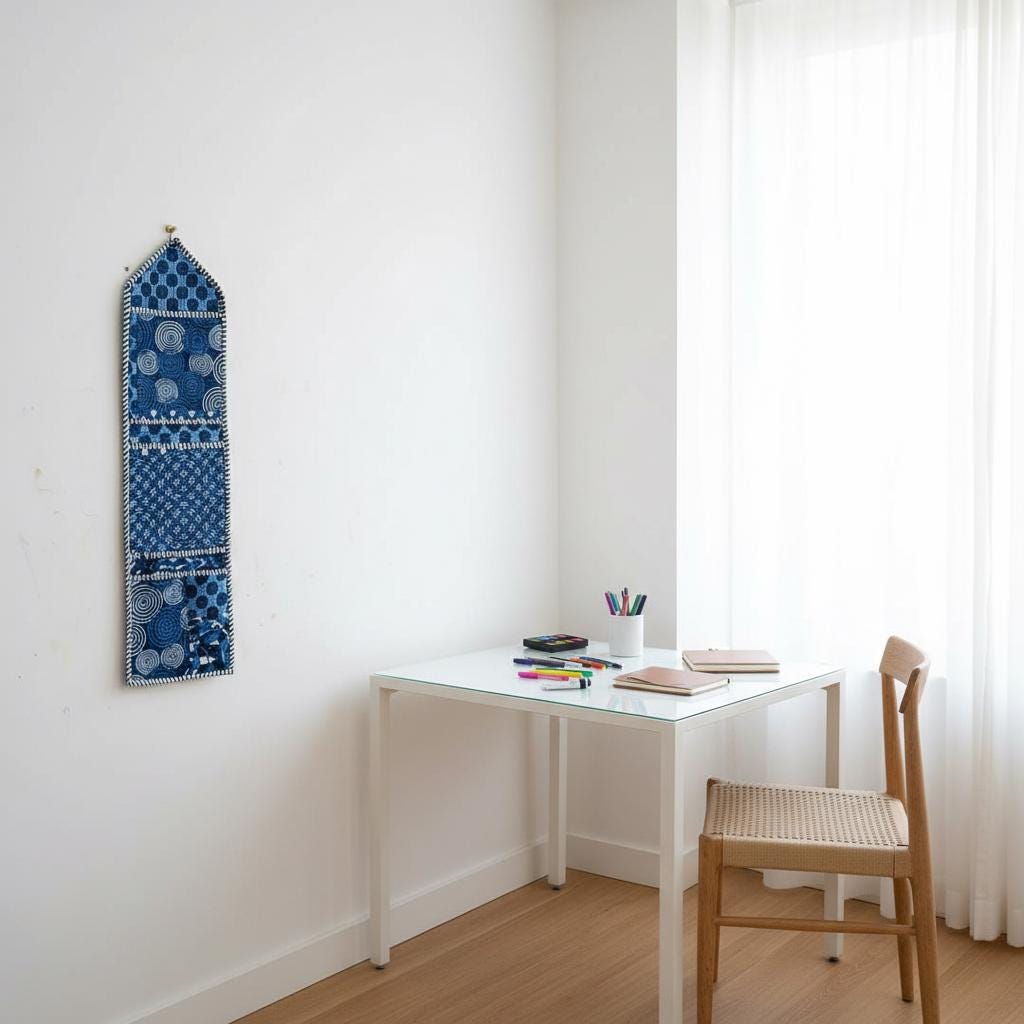 Indigo Blue Fabric Wall Hanging Organizer, Handcrafted Cotton Pocket Storage, Geometric Mail Holder