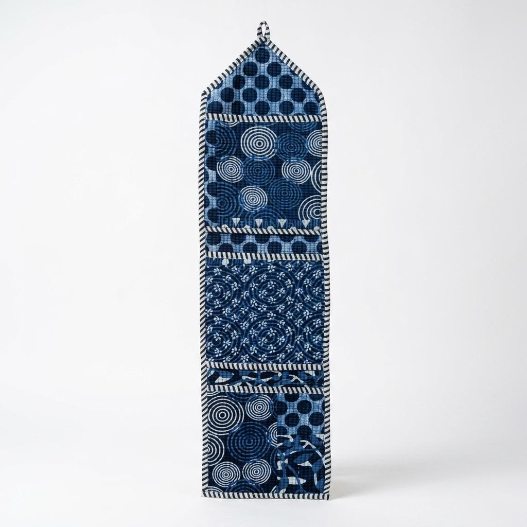 Indigo Blue Fabric Wall Hanging Organizer, Handcrafted Cotton Pocket Storage, Geometric Mail Holder