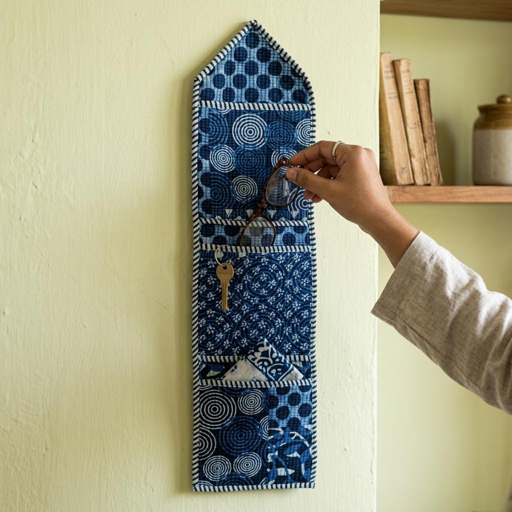 Indigo Blue Fabric Wall Hanging Organizer, Handcrafted Cotton Pocket Storage, Geometric Mail Holder