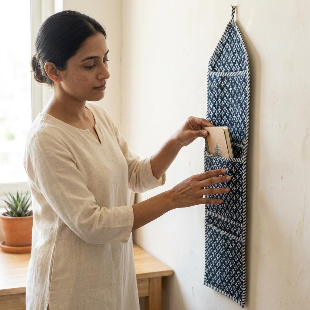 Indigo Blue Fabric Wall Hanging Organizer, Handcrafted Cotton Pocket Storage, Geometric Entryway Mail Holder