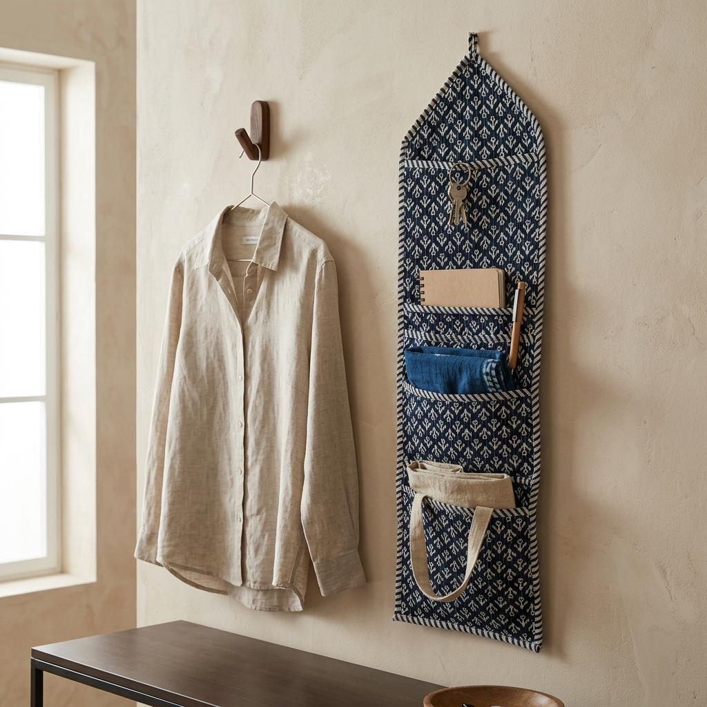 Indigo Blue Fabric Wall Hanging Organizer, Handcrafted Cotton Pocket Storage, Geometric Entryway Mail Holder