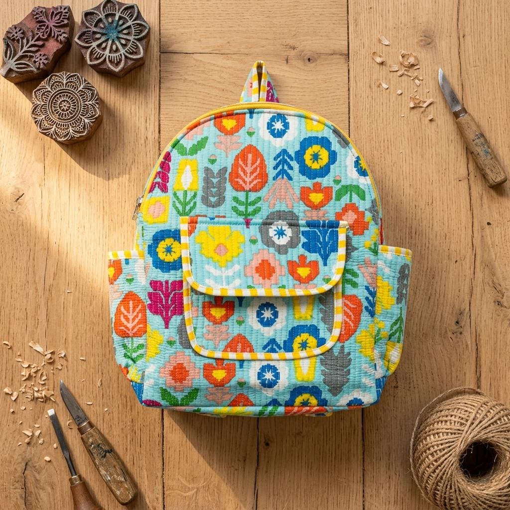 Floral Quilted Cotton Backpack, Handcrafted Mini Travel Rucksack, Colorful Block Print School Bag