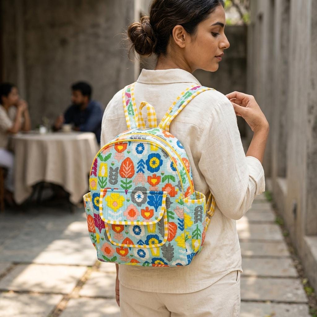 Floral Quilted Cotton Backpack, Handcrafted Mini Travel Rucksack, Colorful Block Print School Bag