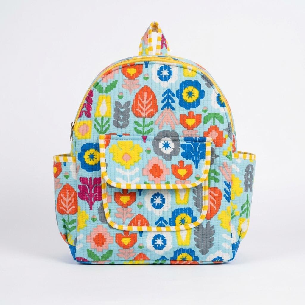 Floral Quilted Cotton Backpack, Handcrafted Mini Travel Rucksack, Colorful Block Print School Bag