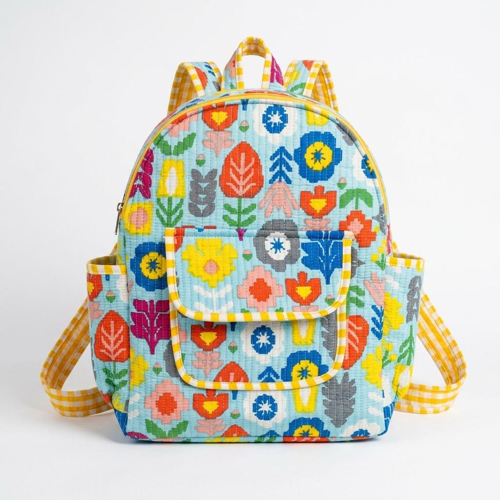 Floral Quilted Cotton Backpack, Handcrafted Mini Travel Rucksack, Colorful Block Print School Bag